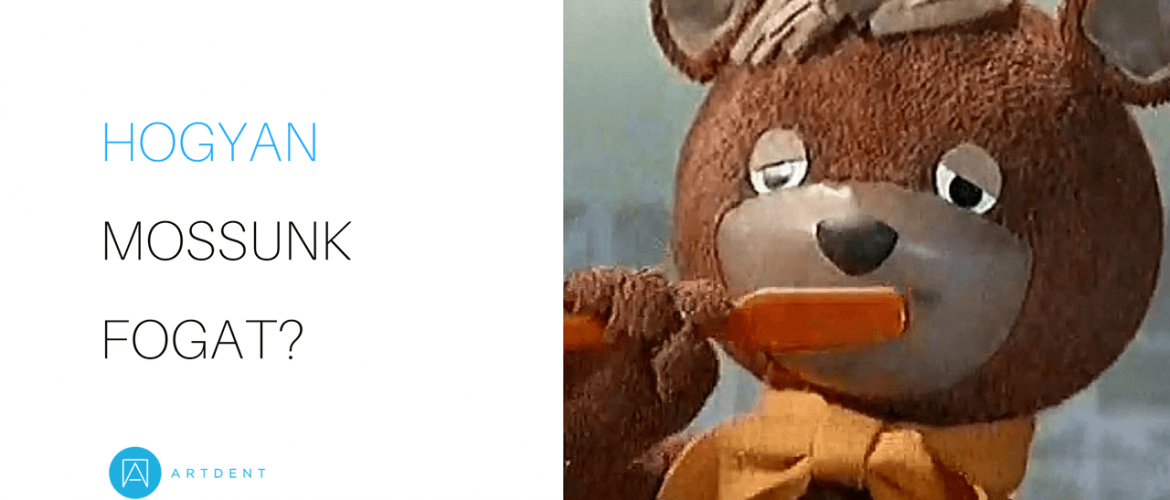 A kép bal oldalán a cím: hogyan mossunk fogat?, a kép jobb oldalán a TV maci fogat mos.