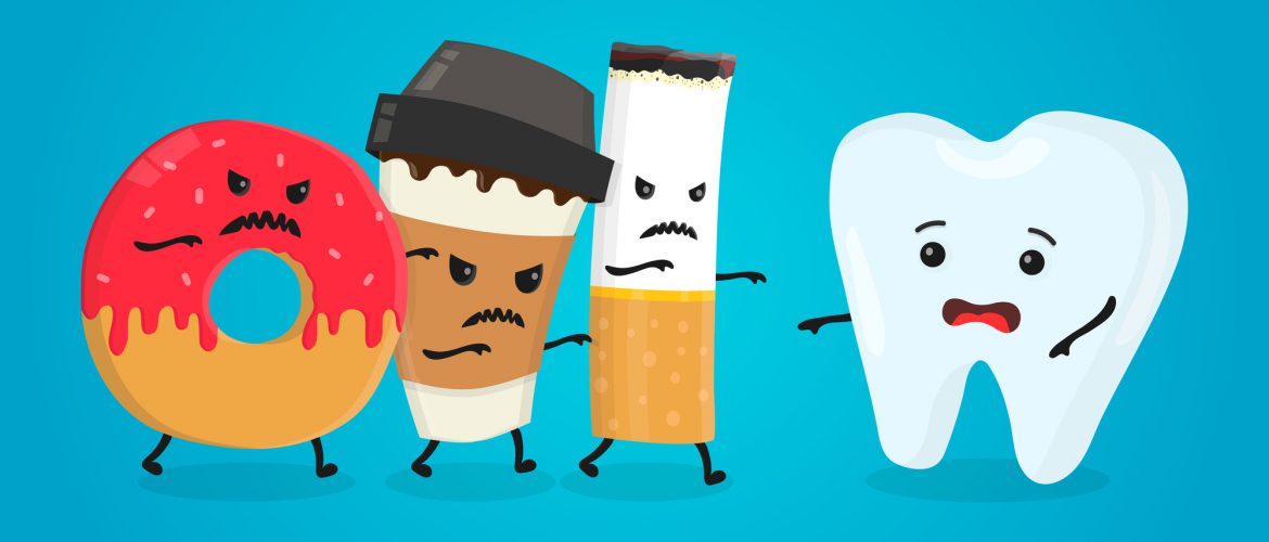 A sárga fog legfőbb okait ábrázoló ciki, kávé, édesség figurák.