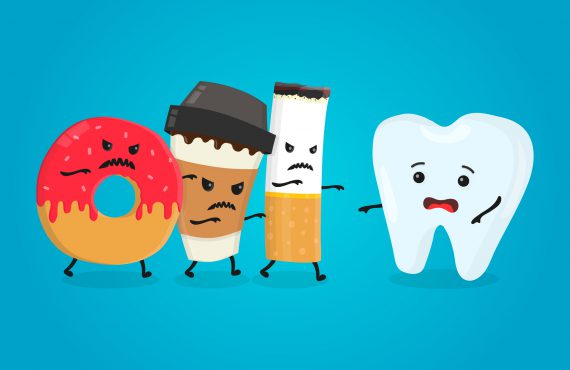 A sárga fog legfőbb okait ábrázoló ciki, kávé, édesség figurák.