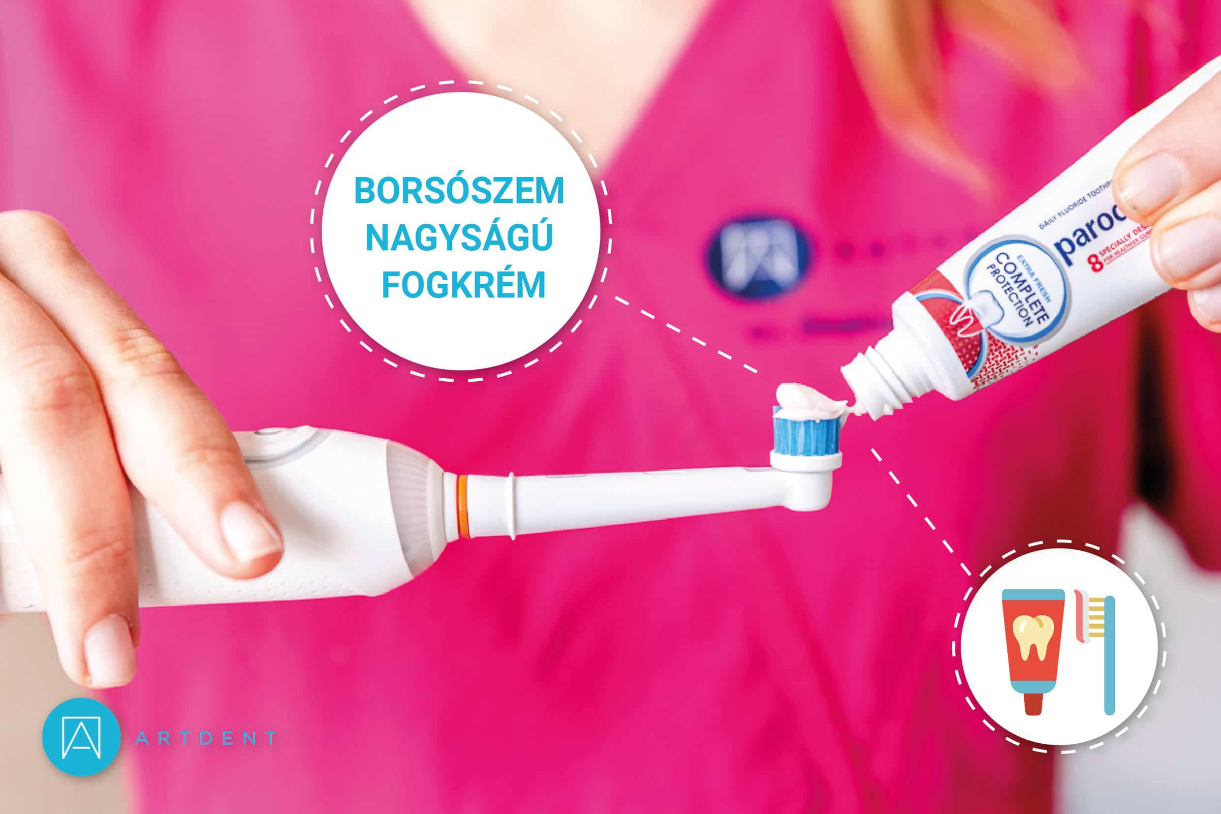 Dr. Ökrös Petra megmutatja, hogy mennyi fogkrémet kell használni fogmosáshoz.